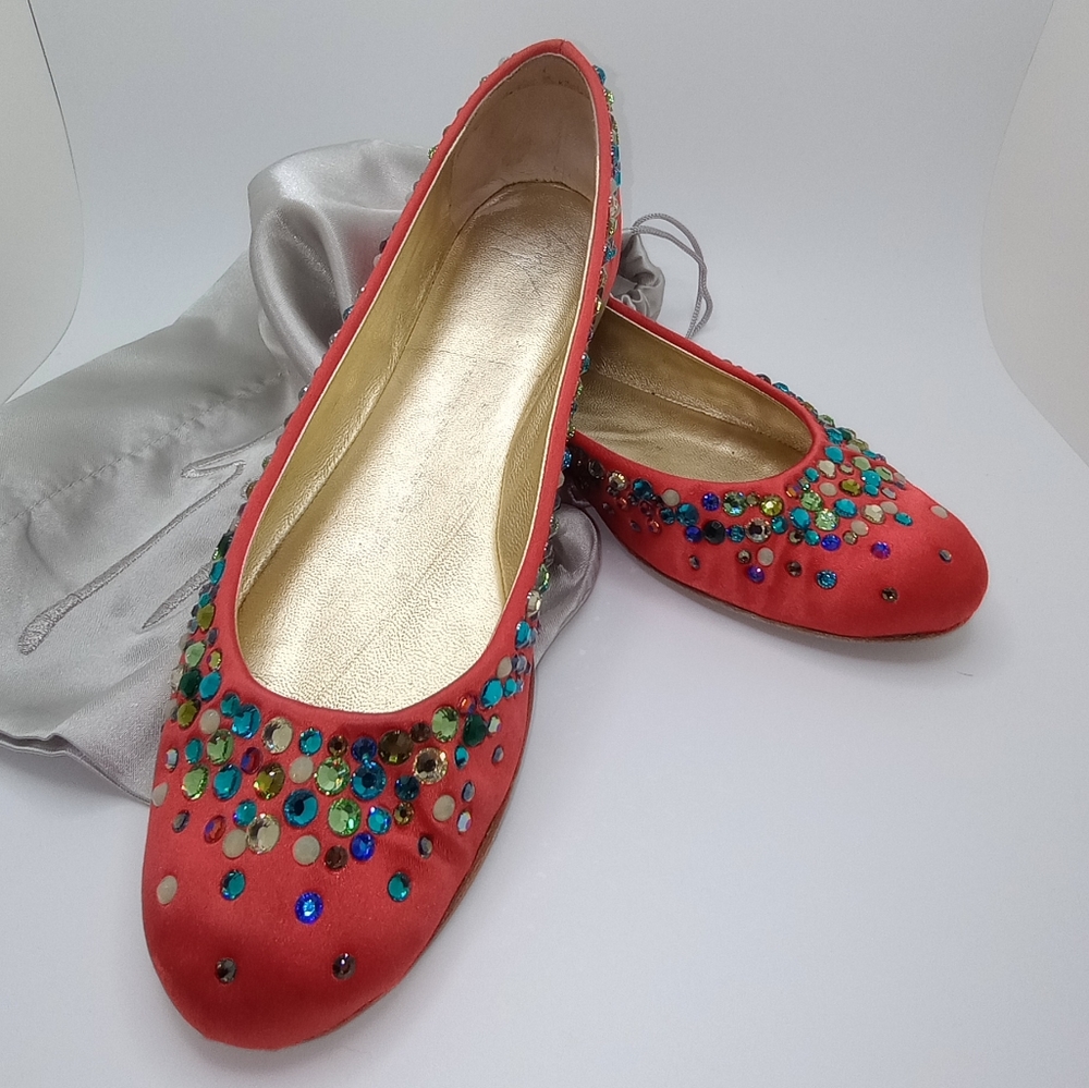 🔥 CLOSING G. Zanotti Red Satin Sparkling Jeweled Italian Designer Flats Sz 6.5